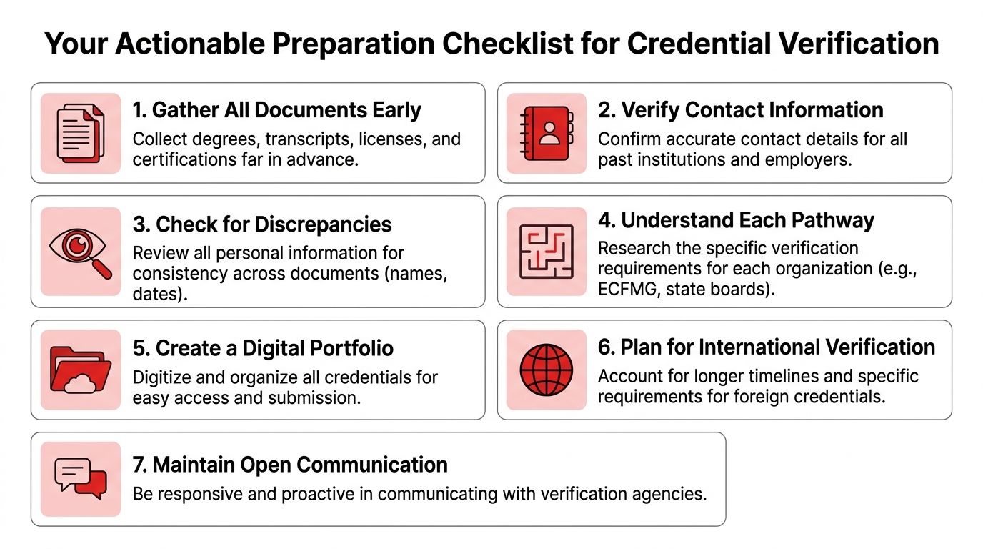 An infographic checklist illustrating seven essential steps for professionals to prepare for credential verification processes effectively.