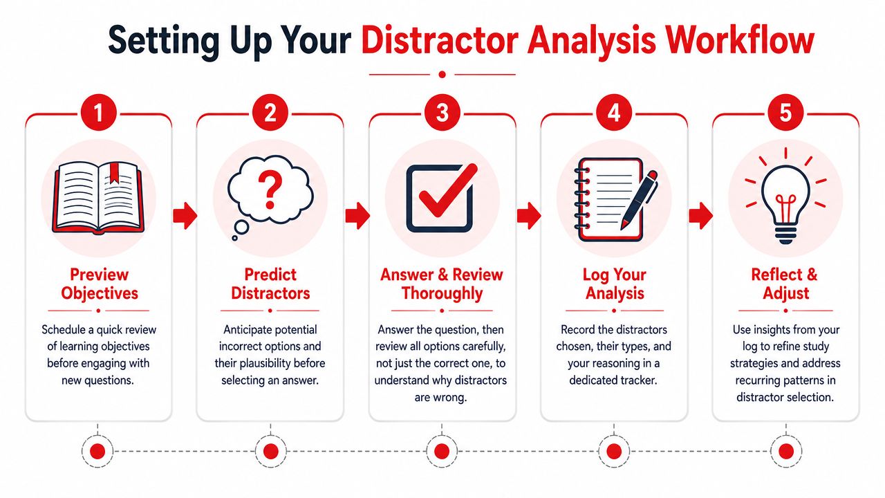 A five-step infographic showing a workflow for analyzing distractors to improve test-taking performance and study strategies.
