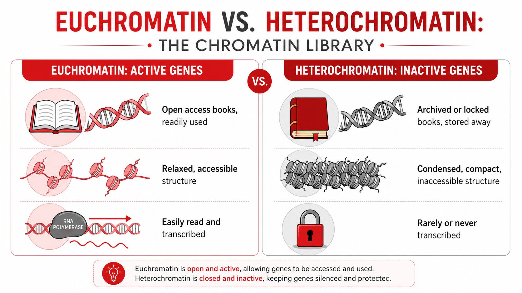 A diagram comparing euchromatin and heterochromatin, illustrating their structural differences and roles in gene accessibility and expression.