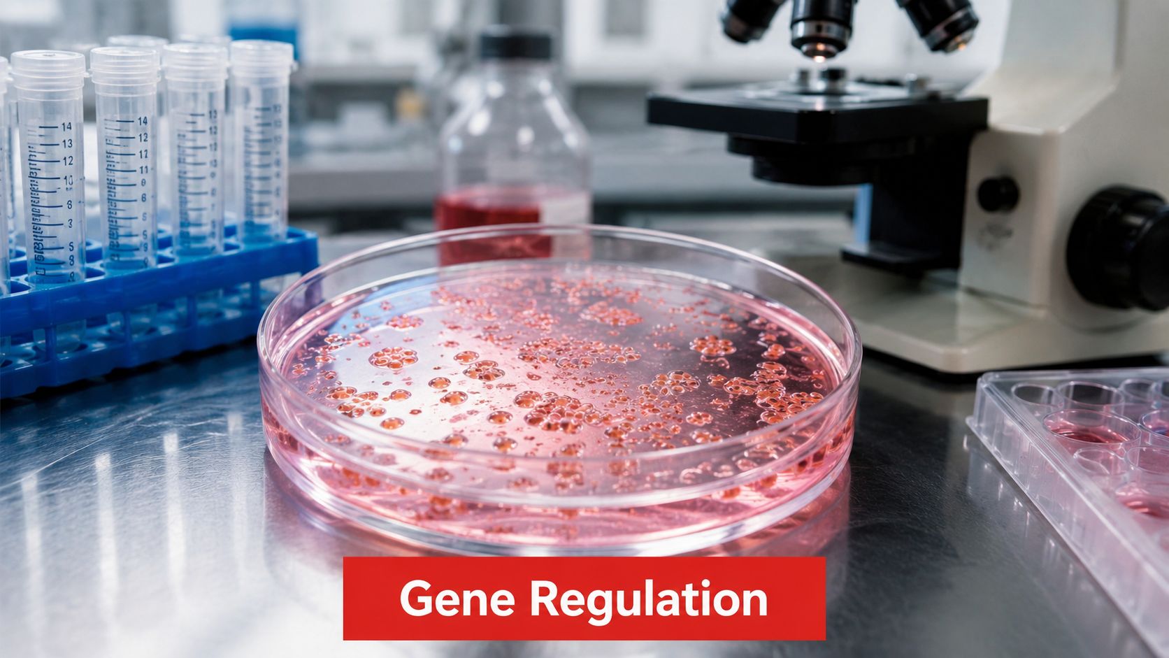 A laboratory setting with a Petri dish, test tubes, and a microscope for genetic research studies.