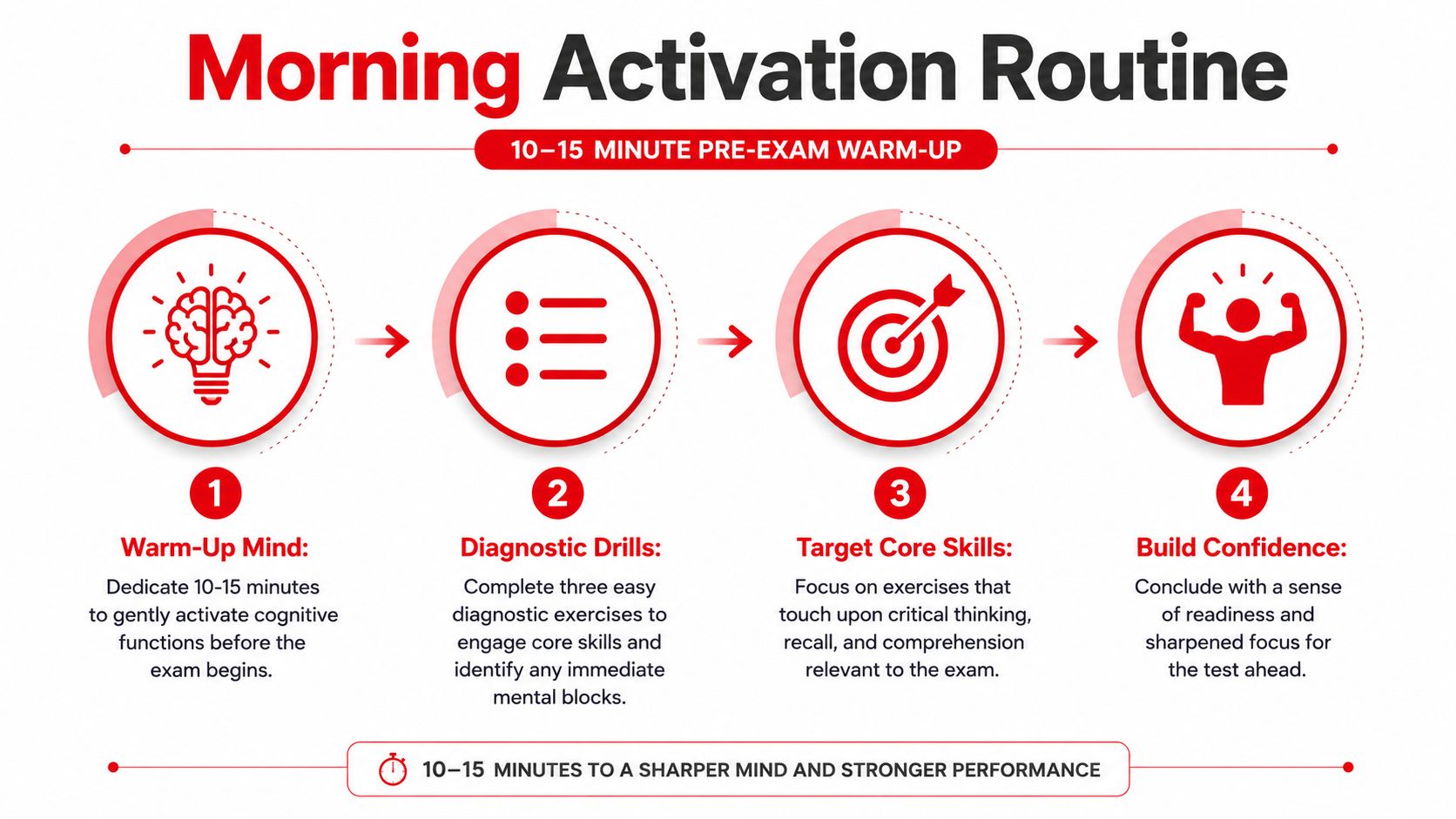 A four-step infographic showing a Morning Activation Routine for pre-exam preparation to boost focus and confidence.