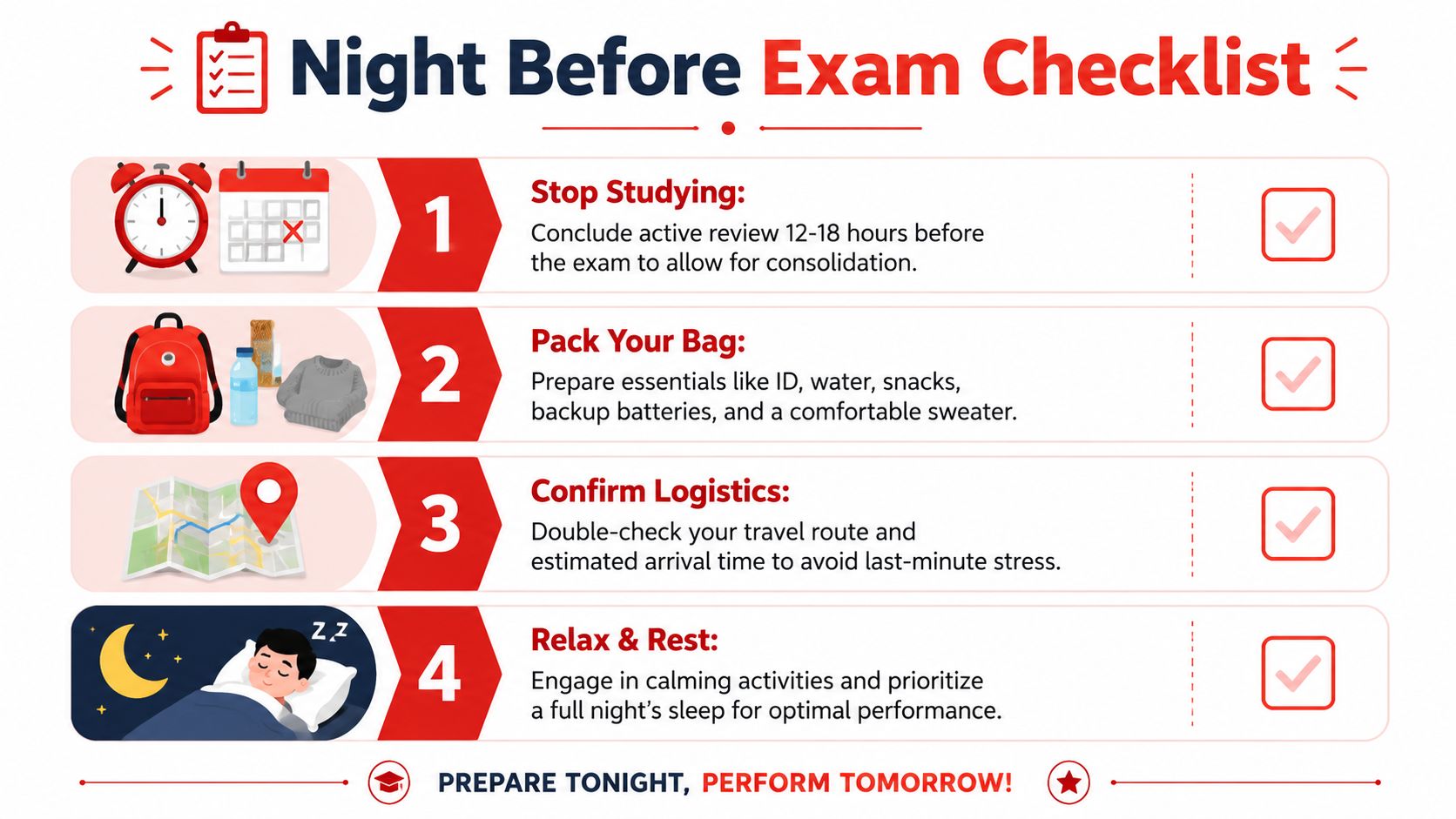 A four-step infographic checklist guiding students on essential preparation steps the night before an important exam.