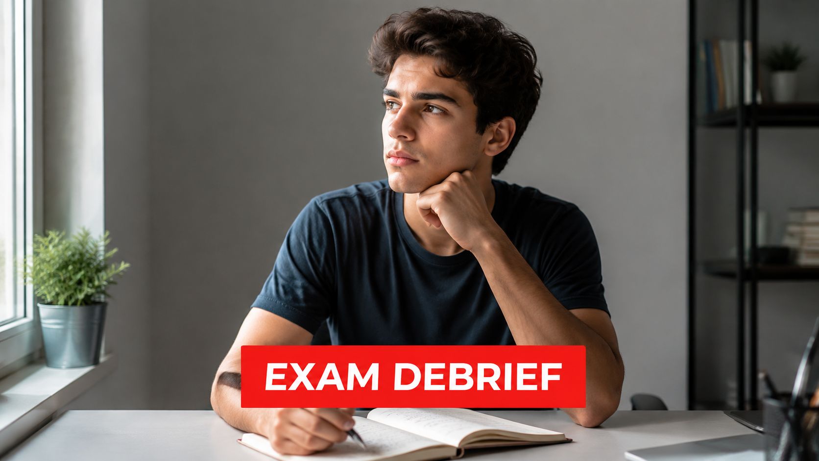 A young man sitting at a desk pensively looking away while preparing for an exam debrief.