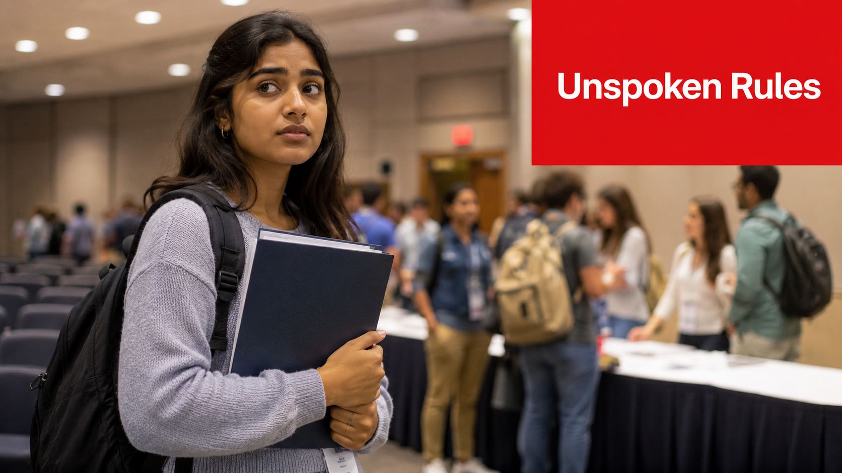 A first-generation medical student stands holding a folder in a crowded lecture hall at a conference.