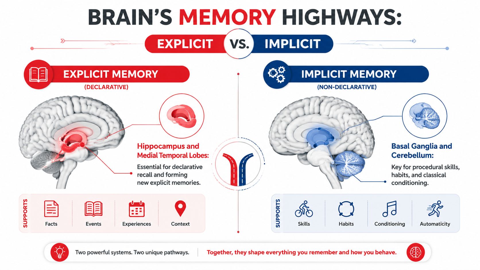 A diagram comparing explicit declarative memory and implicit non-declarative memory, highlighting the associated brain structures and functions.