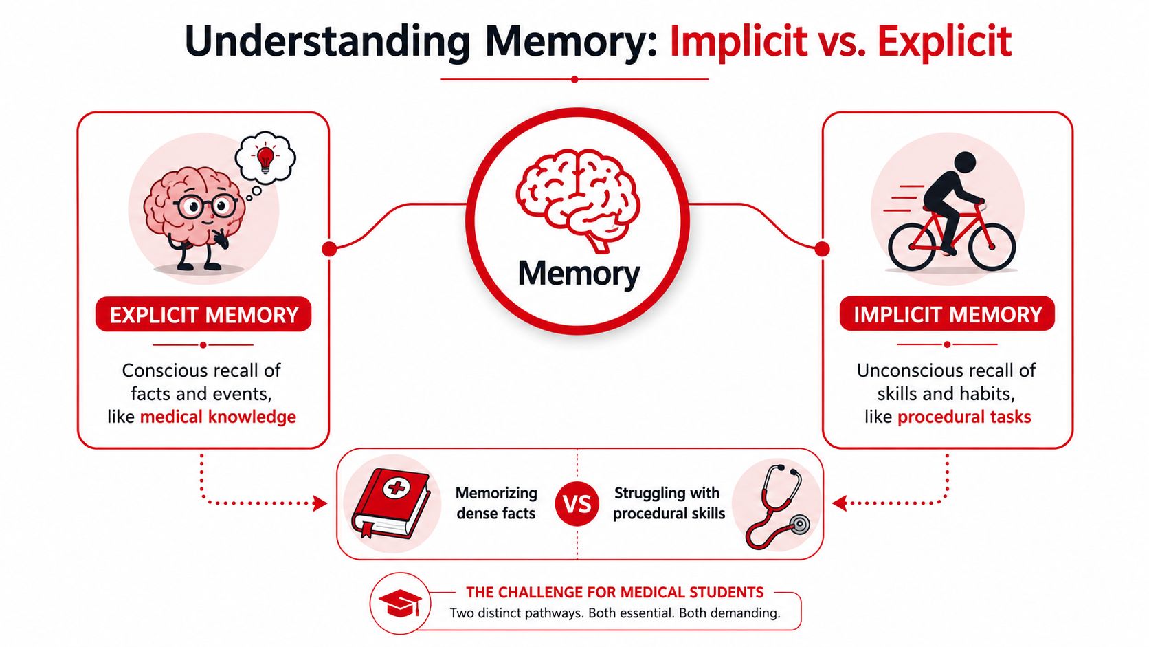 An infographic illustrating the difference between explicit and implicit memory with brain icons and medical examples.