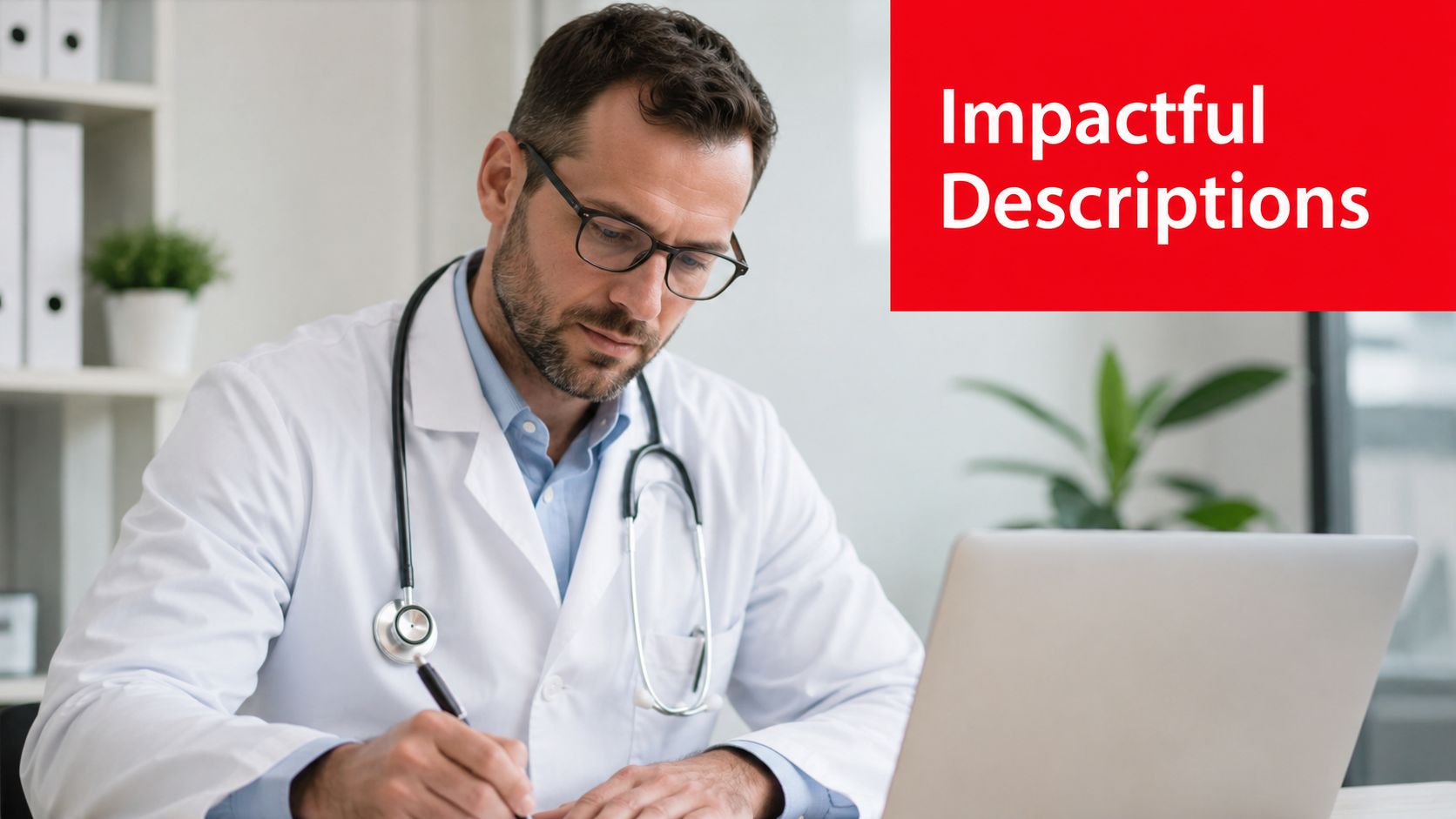 A male doctor in a white coat writing notes while looking at his laptop in an office.