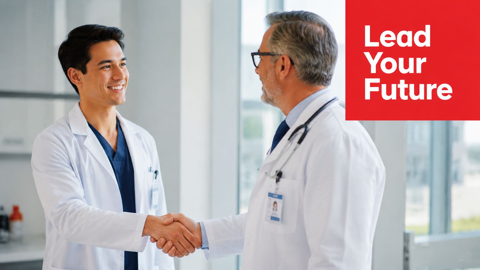 A young male doctor shaking hands with an older professional colleague in a bright hospital setting.