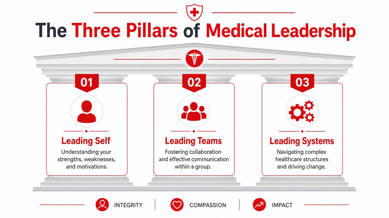 An infographic titled The Three Pillars of Medical Leadership, featuring pillars labeled Self, Teams, and Systems.