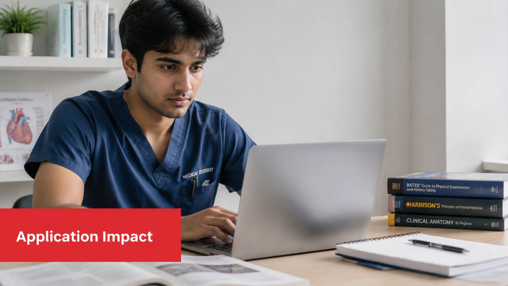 A young male medical student wearing blue scrubs studying on a laptop at a desk with textbooks.
