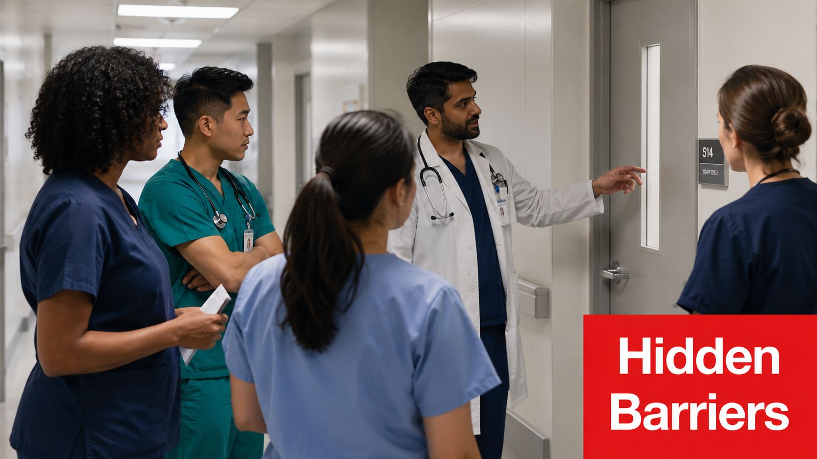 A diverse team of medical professionals in scrubs discuss patient care while standing in a hospital hallway.