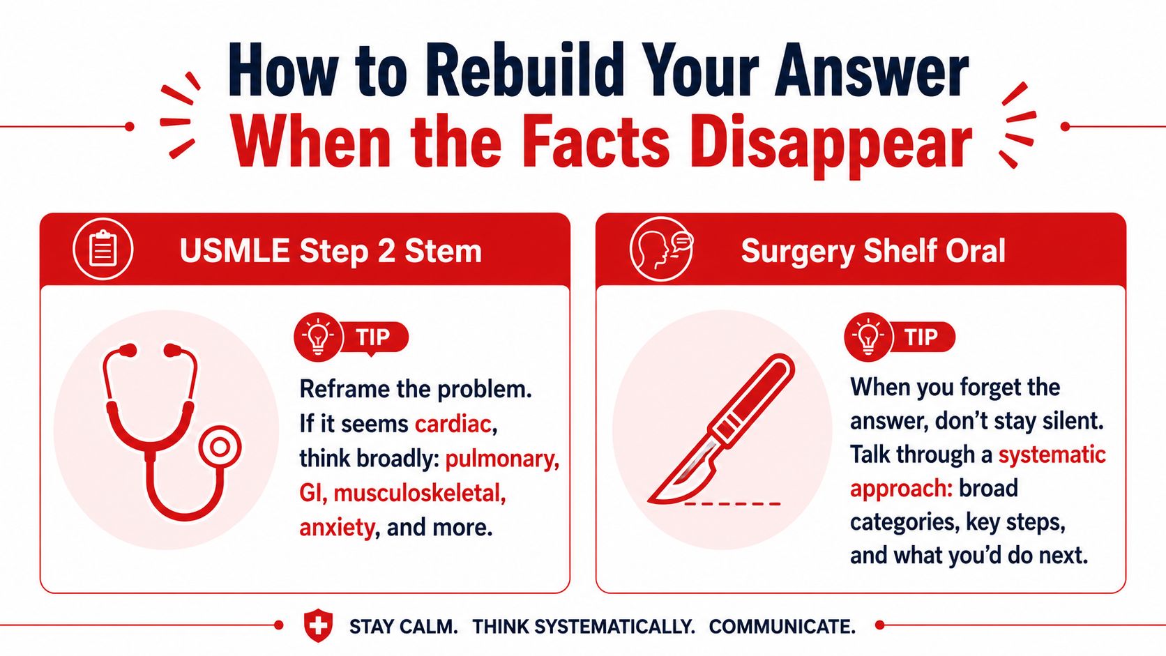 An infographic on how to rebuild your medical answer when you forget the facts during exams.