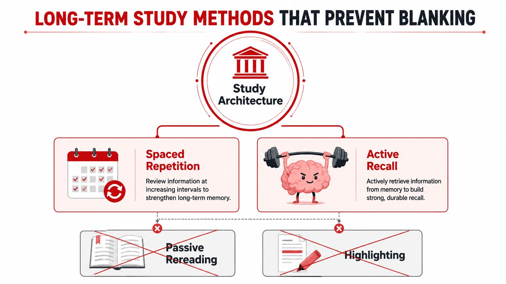 A diagram comparing effective study methods like spaced repetition and active recall versus ineffective passive study techniques.