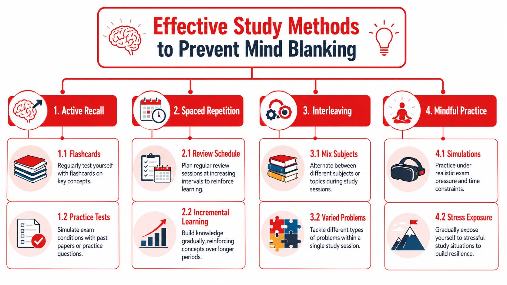 A flowchart detailing four effective study methods like active recall and interleaving to prevent mind blanking during exams.