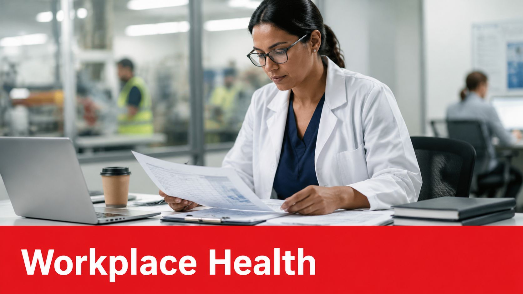 A female medical professional reviews paperwork at her desk in a modern office with factory workers behind.