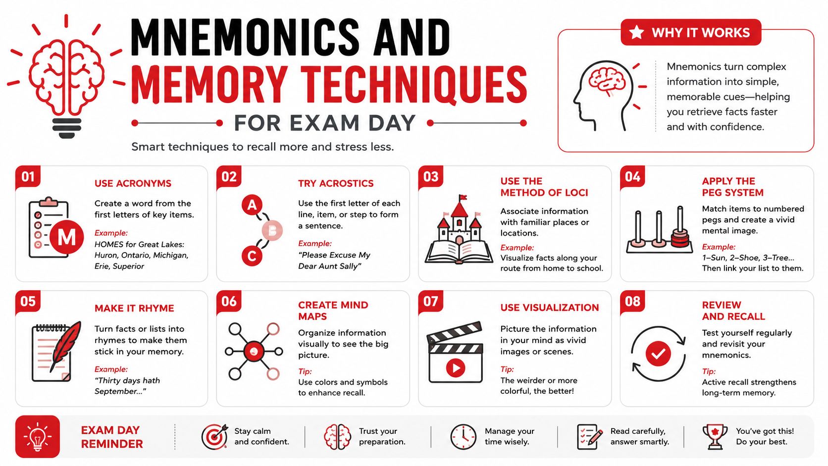 An infographic titled Mnemonics and Memory Techniques for Exam Day with eight numbered study tips for students.