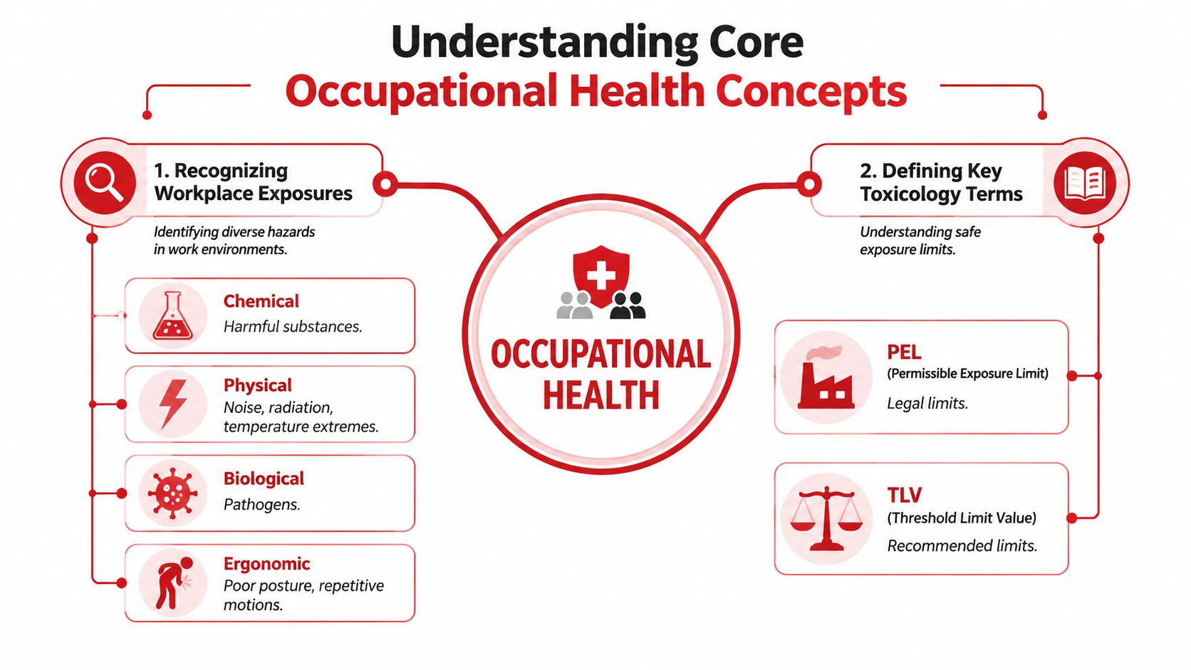 An infographic titled Understanding Core Occupational Health Concepts, detailing workplace hazard types and key toxicology exposure limits.