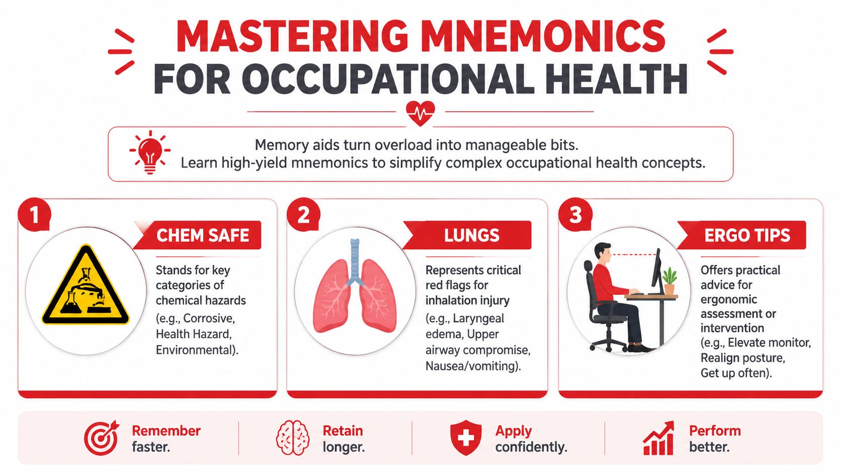 An educational infographic titled Mastering Mnemonics for Occupational Health showing safety tips for chemicals, lungs, and ergonomics.