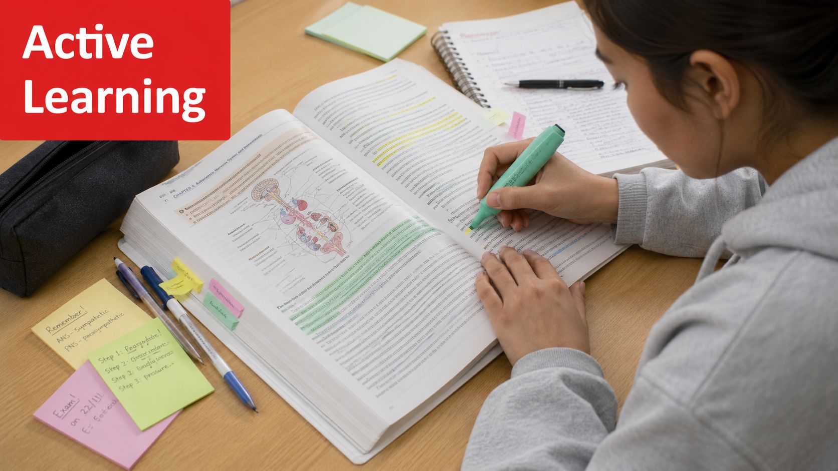A student actively studying biology from a textbook with highlighted notes, pens, and sticky notes nearby.