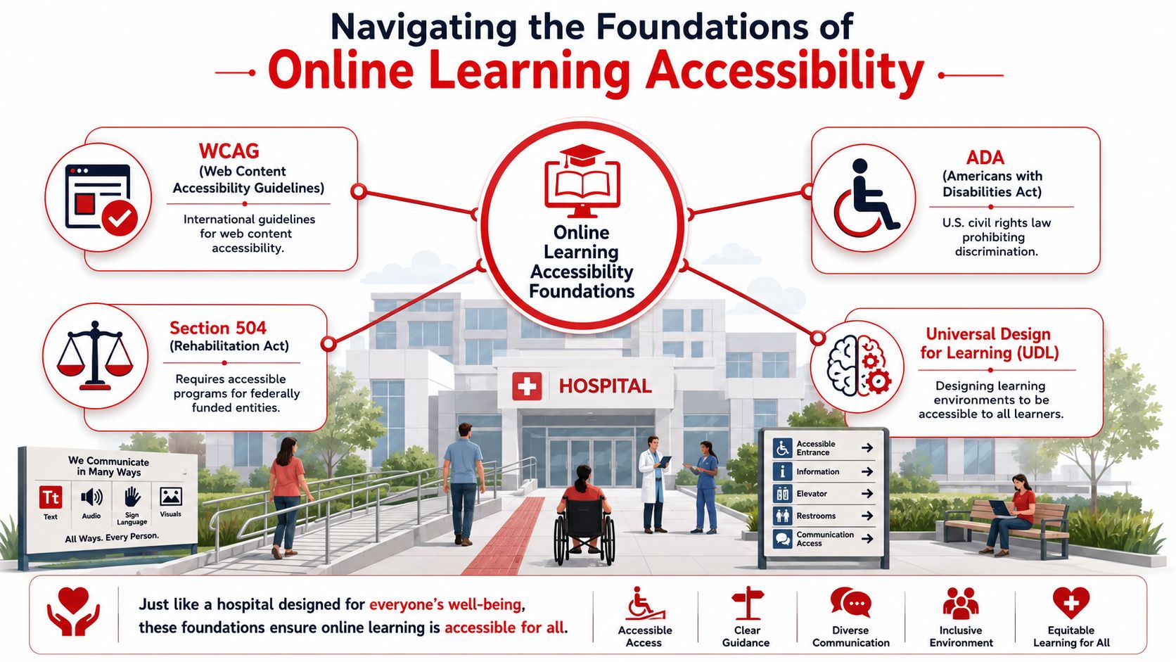 An infographic showing the foundations of online learning accessibility with legal guidelines and inclusive design concepts.