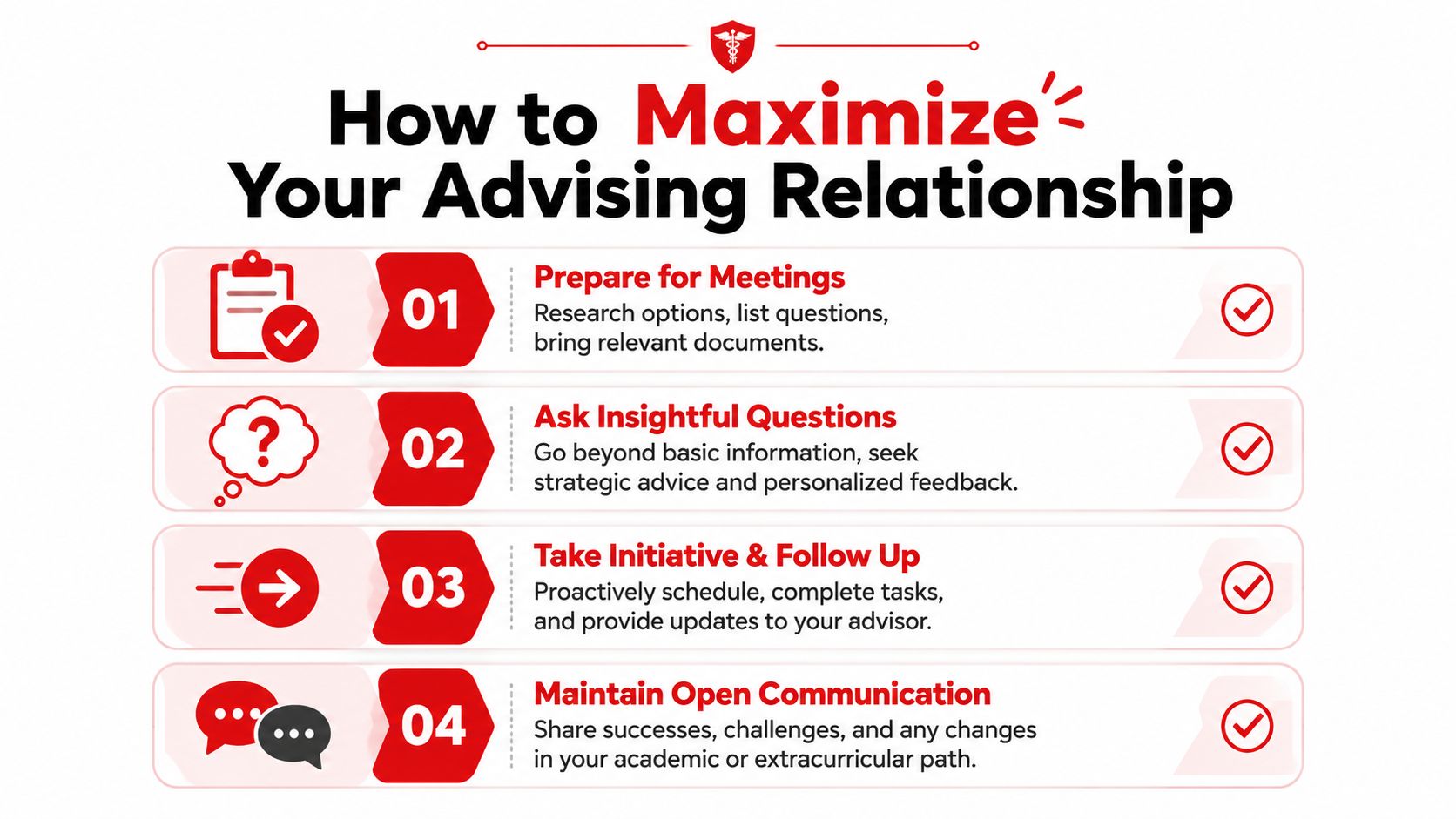 An infographic titled How to Maximize Your Advising Relationship, listing four steps for effective academic advising meetings.