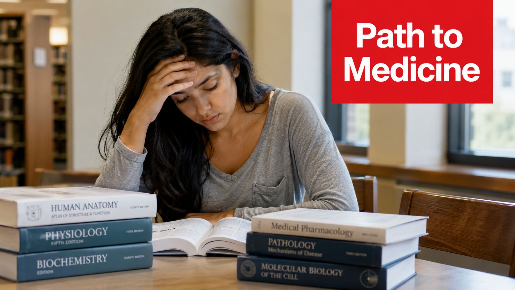 A stressed student studying medical textbooks in a library, representing the challenges of medical school preparation.
