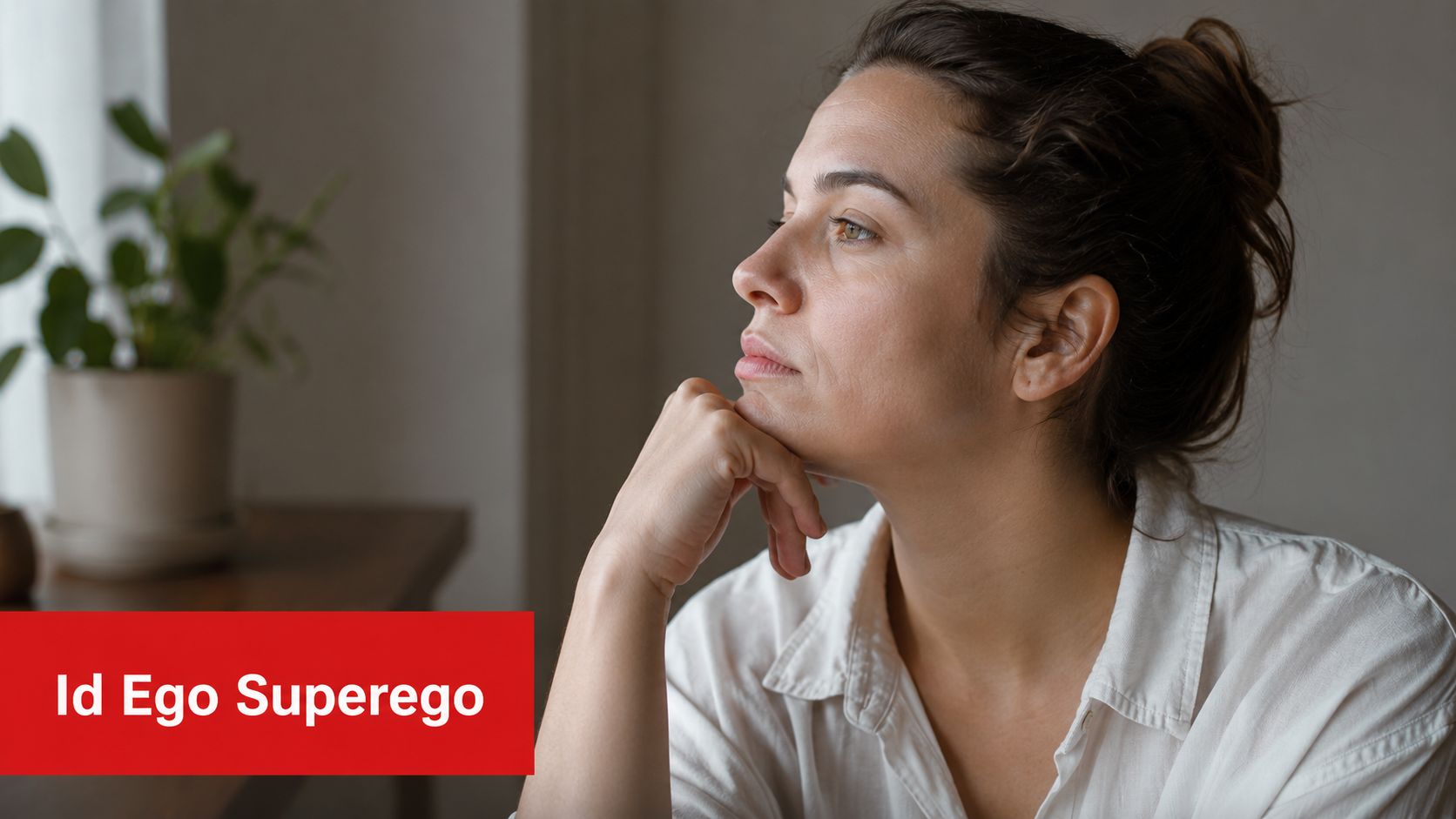 A pensive woman resting her chin on her hand, looking away with the text Id Ego Superego.
