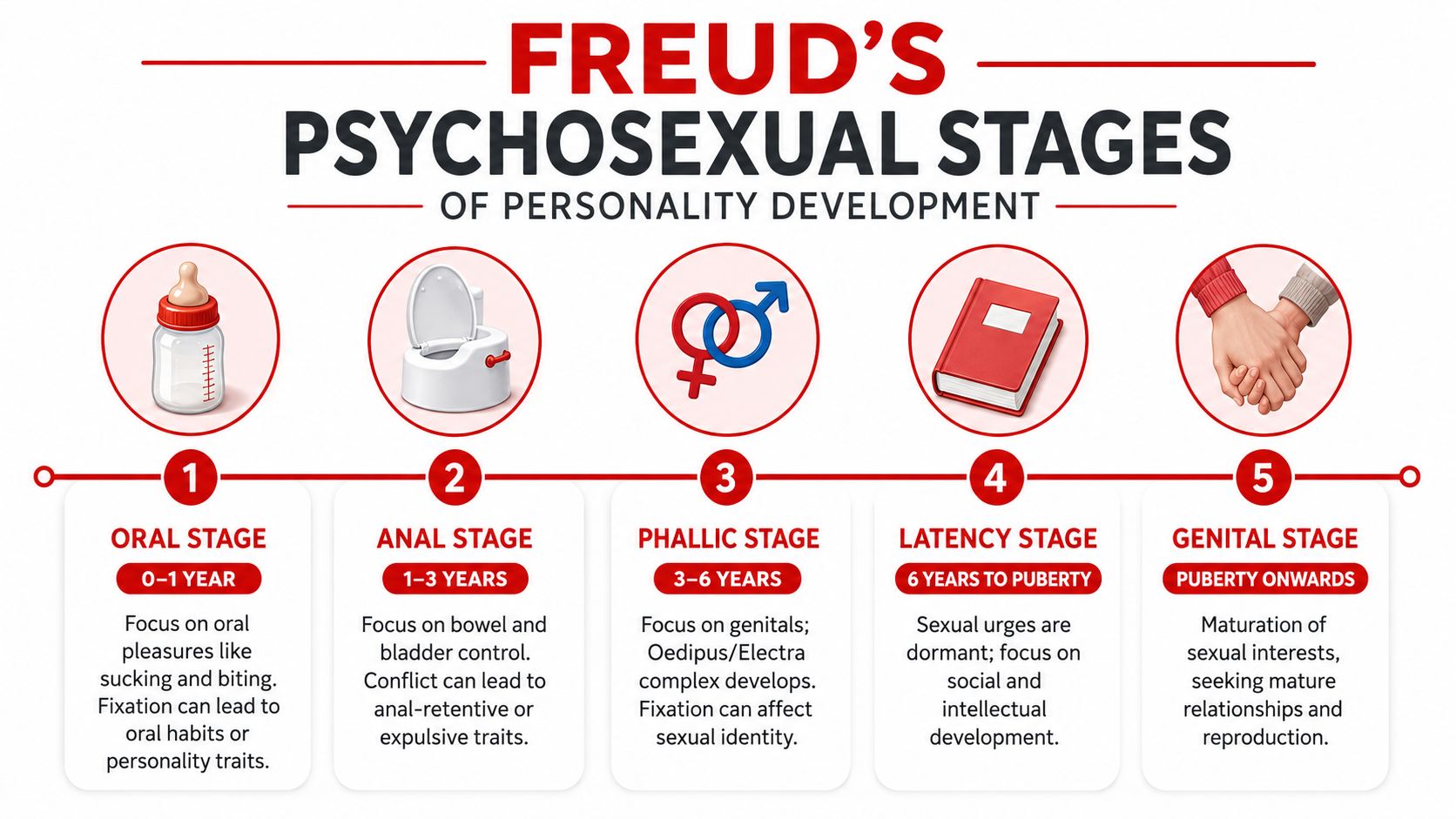An infographic illustrating Freud's five psychosexual stages of personality development, including age ranges and key behaviors.