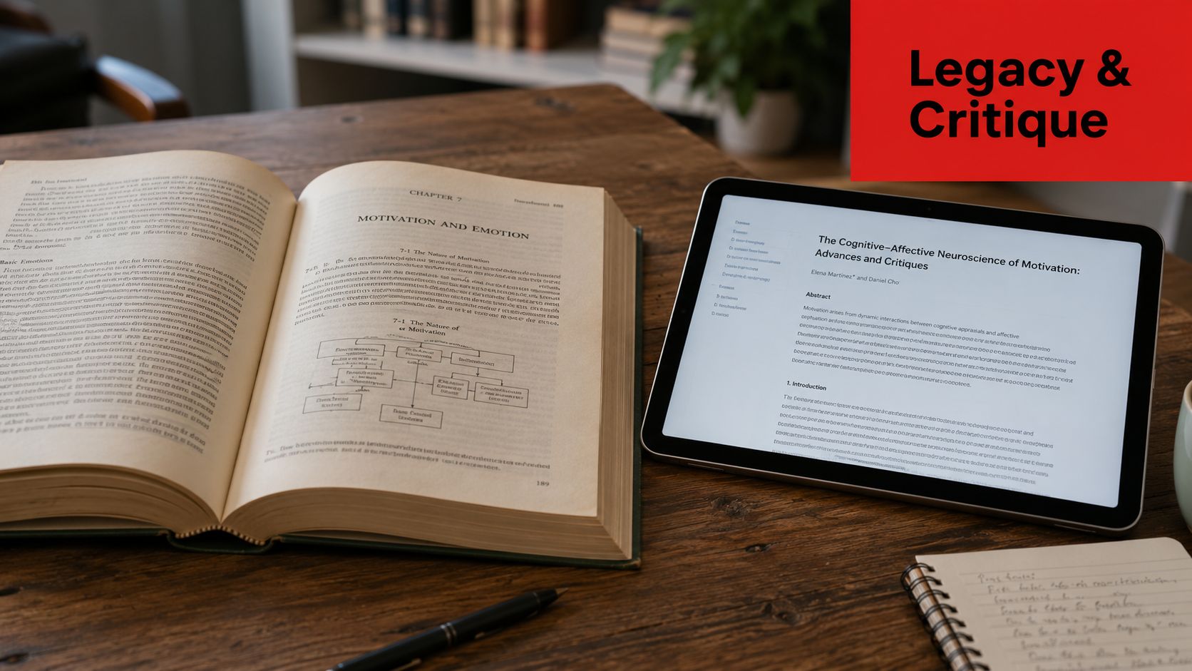 An open textbook and a digital tablet displayed on a wooden desk with a notebook and pen.