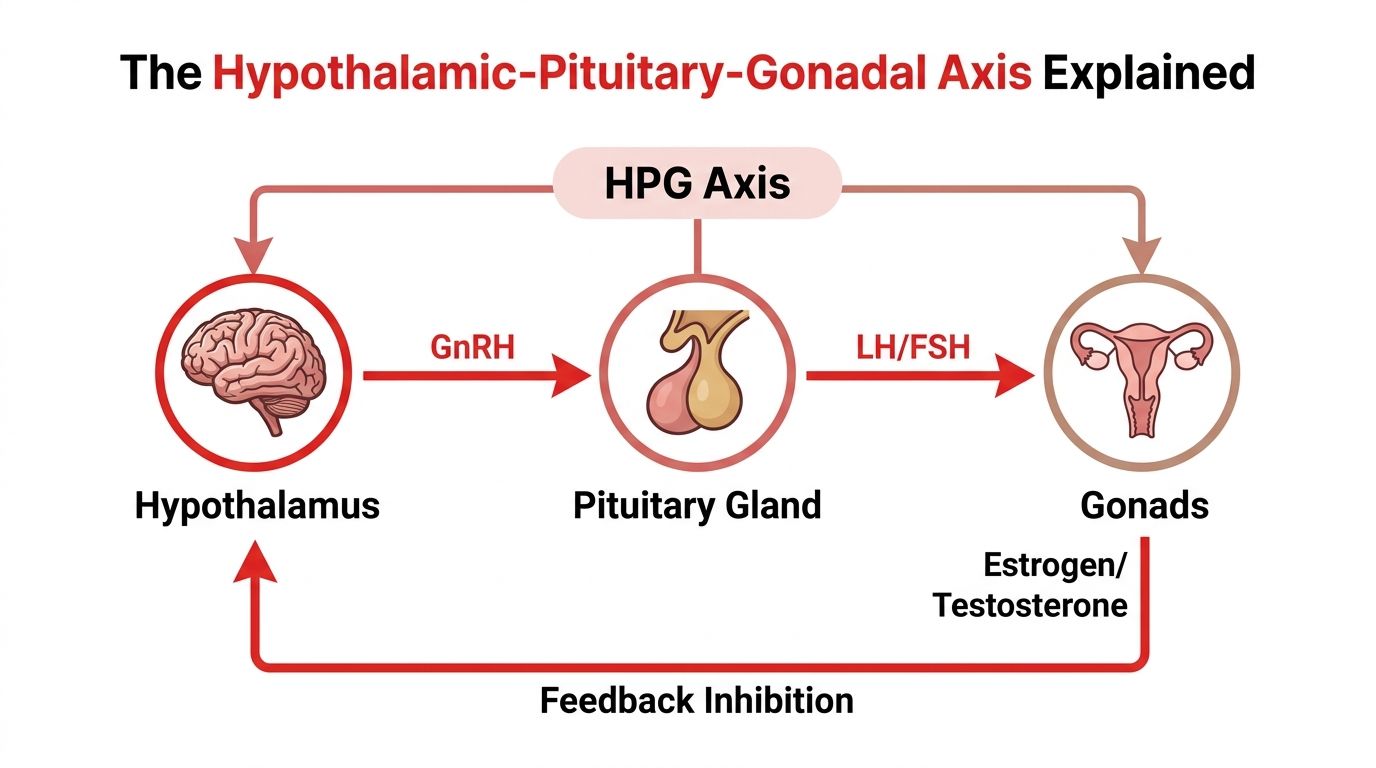 A diagram illustrating the HPG axis, showing the interaction between the hypothalamus, pituitary gland, and gonads.
