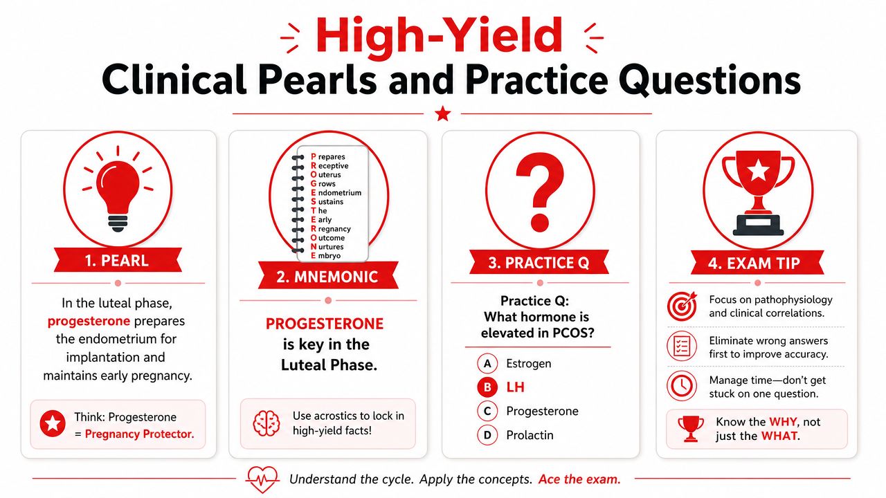 A high-yield educational graphic detailing the role of progesterone in the menstrual cycle and PCOS diagnosis.