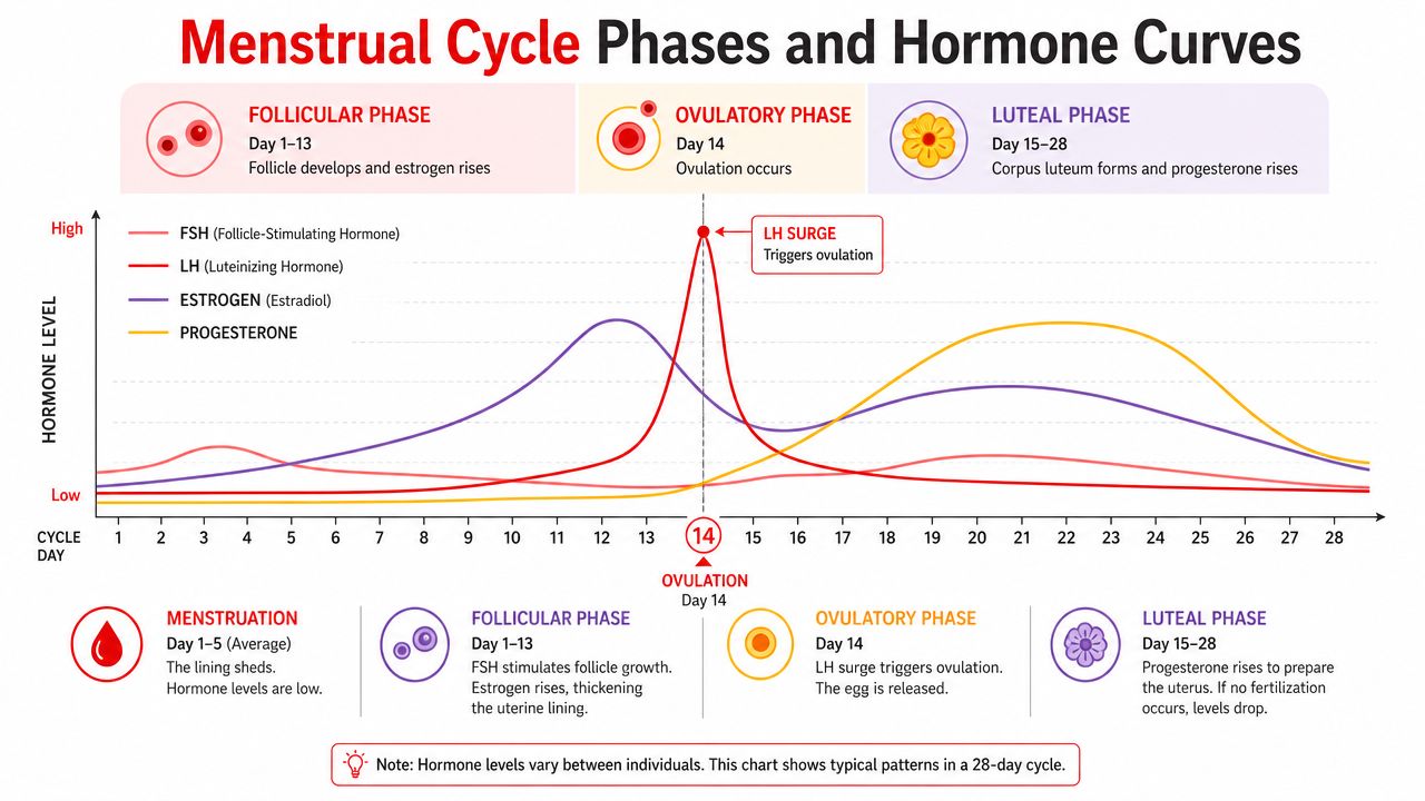 A chart illustrating the hormonal fluctuations of FSH, LH, estrogen, and progesterone across a 28-day menstrual cycle.