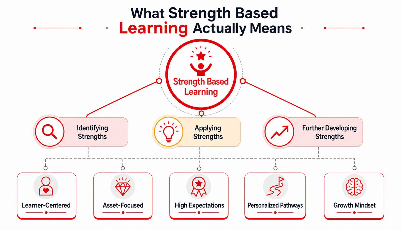 A diagram illustrating the core components and foundational concepts of strength based learning for educational development.