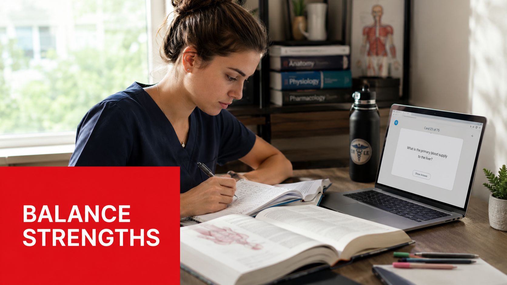 A female medical student in scrubs studying anatomy and physiology with books and a laptop computer.
