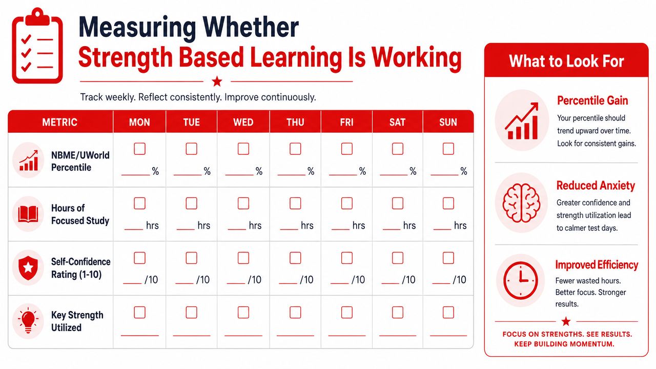 A weekly tracking chart designed to measure the effectiveness of strength-based learning through daily self-reflection metrics.