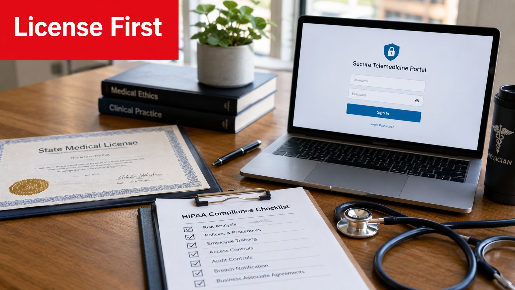 A workspace featuring a medical license, HIPAA checklist, stethoscope, and a secure telemedicine portal login screen.