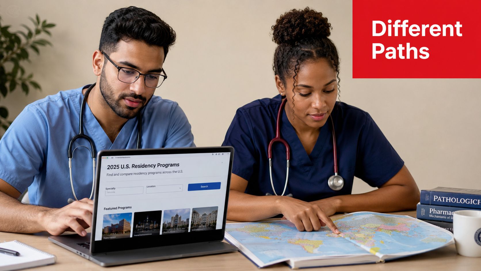 A male and female medical student studying together with a laptop and a map.