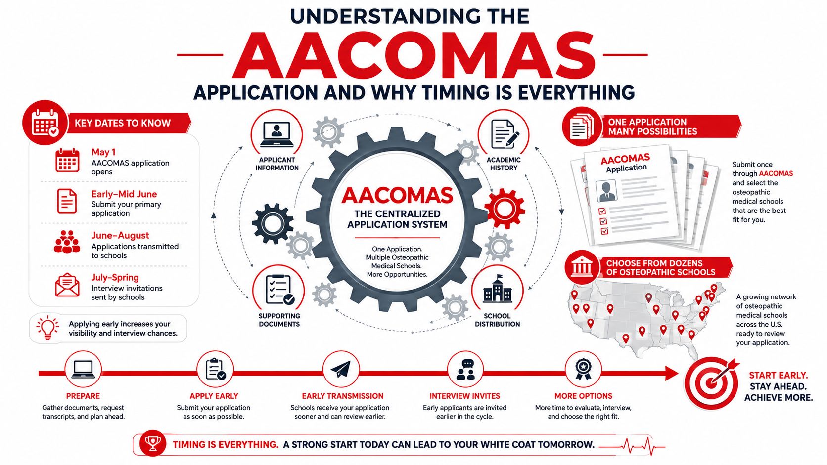 An infographic titled Understanding the AACOMAS application explaining the centralized medical school application process and timeline.