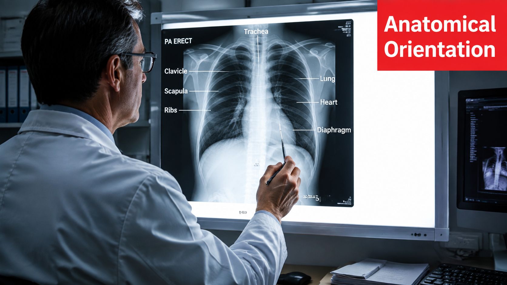 A male doctor in a white coat examines a chest X-ray on a bright display screen.
