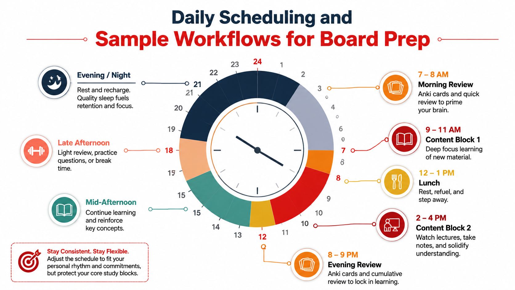 A circular daily schedule diagram for board exam preparation, detailing study blocks, breaks, and review times.