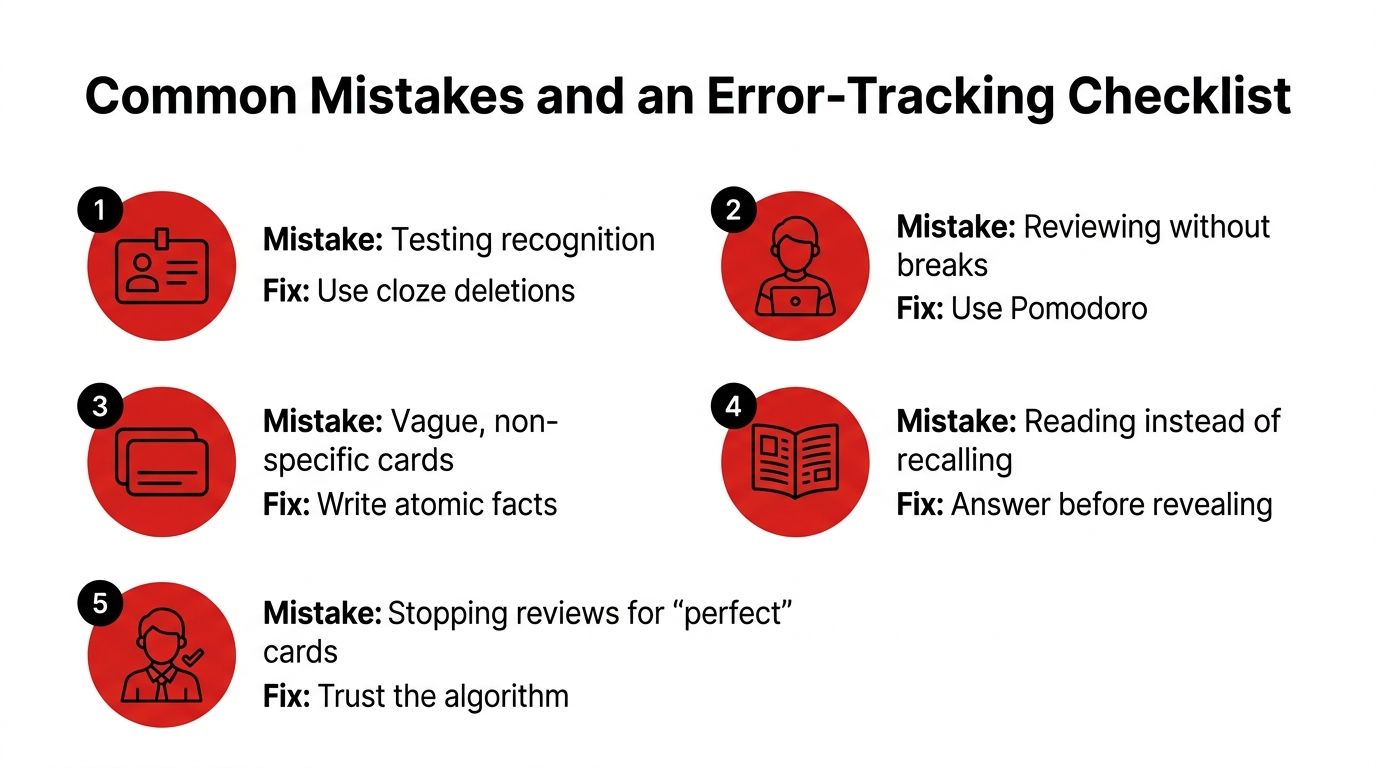 A checklist of five common mistakes and solutions for effective study using spaced repetition methods.