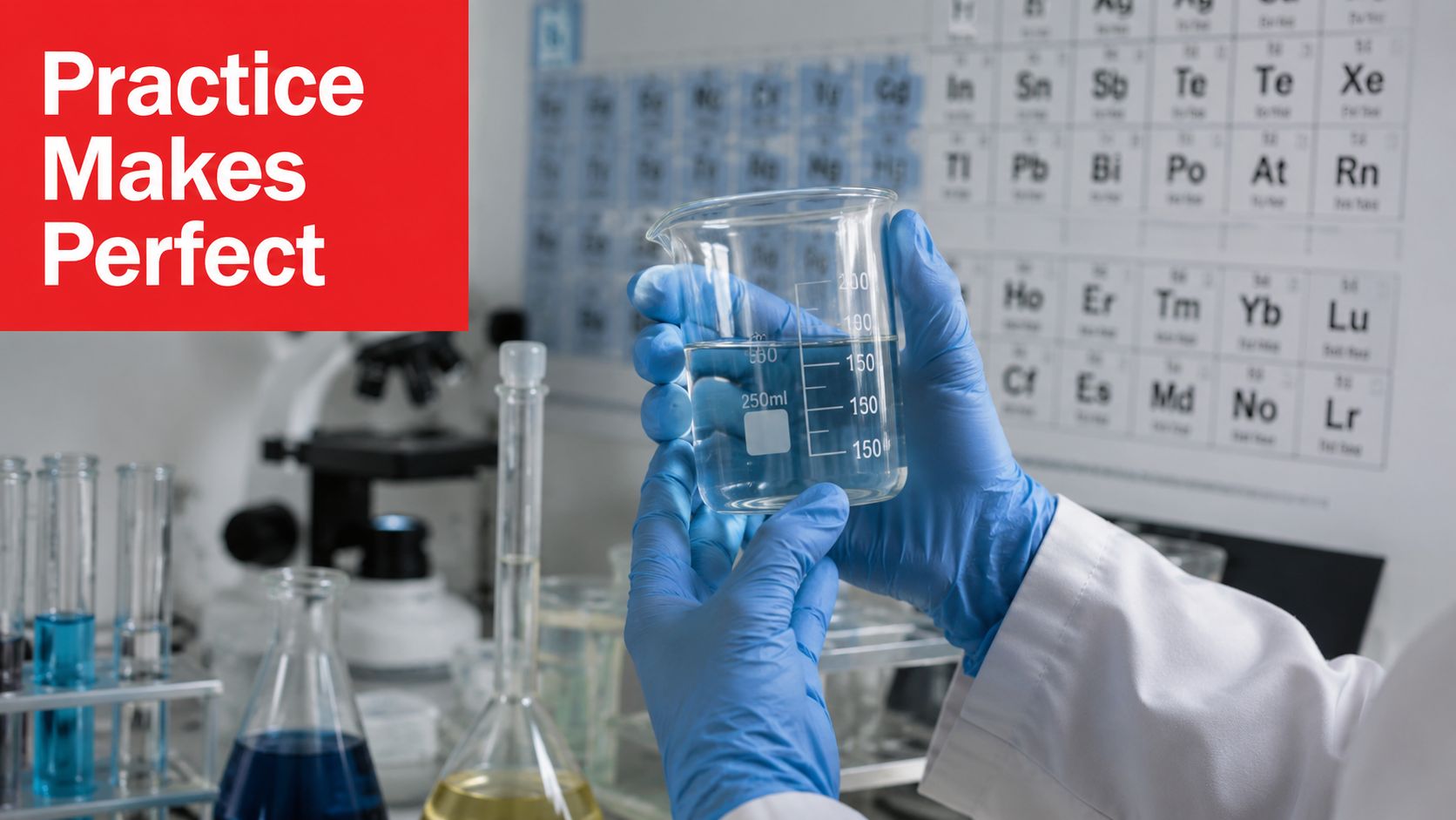 A scientist in a laboratory holding a glass beaker filled with clear liquid for chemical experimentation.