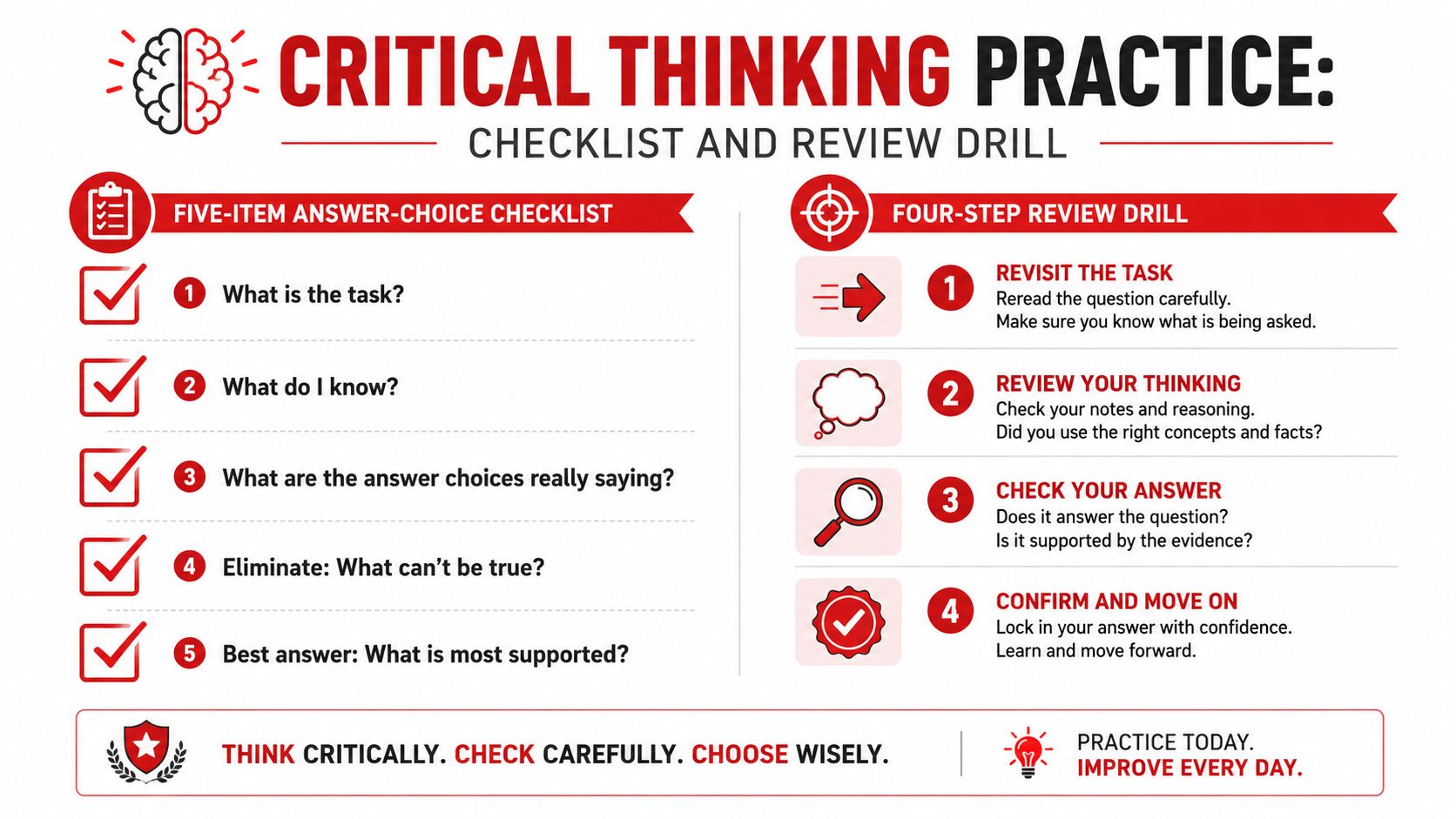A critical thinking practice chart with a five-item checklist and a four-step review drill for students.
