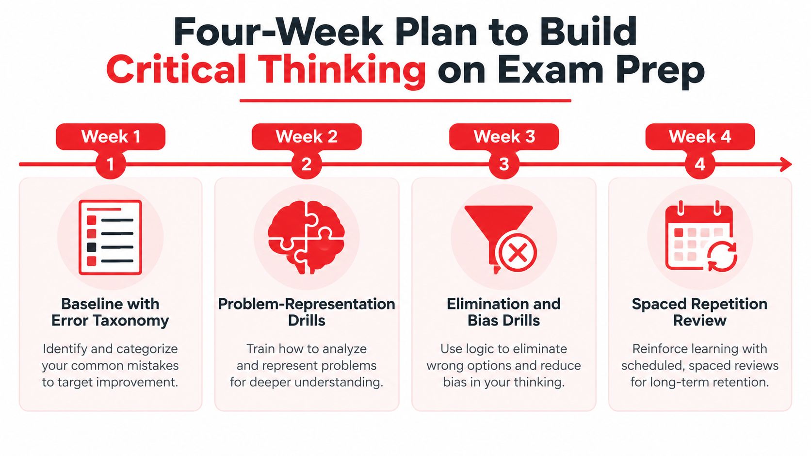 A four-week study plan infographic focusing on building critical thinking skills for effective exam preparation.
