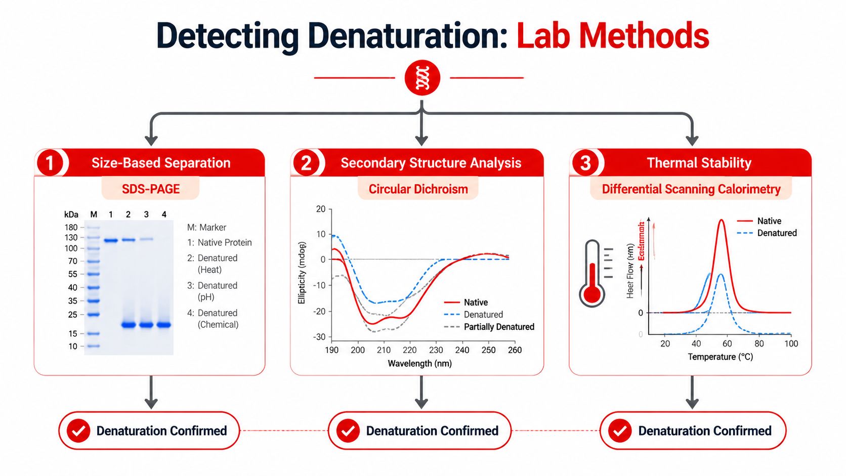 A scientific infographic illustrating three laboratory methods to detect protein denaturation, including SDS-PAGE, Circular Dichroism, and DSC.