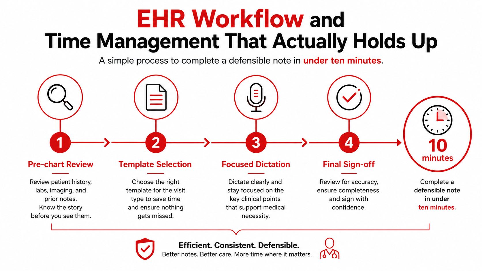 An infographic showing a four-step EHR workflow designed to help physicians complete defensible notes in ten minutes.