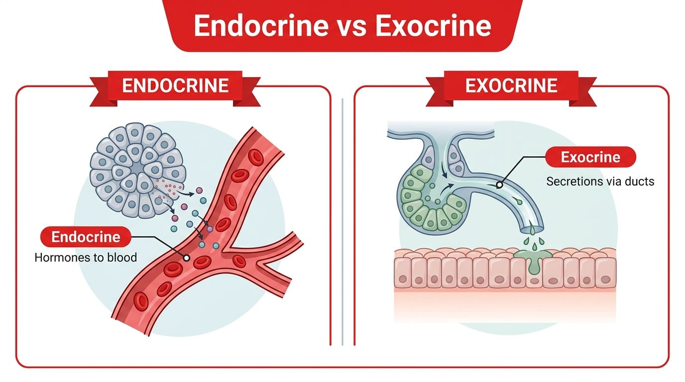 A diagram comparing endocrine glands secreting hormones into blood versus exocrine glands secreting substances through ducts.