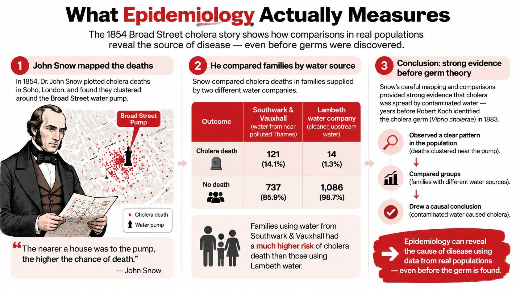 An infographic detailing how John Snow used epidemiology to link cholera deaths to contaminated water sources.