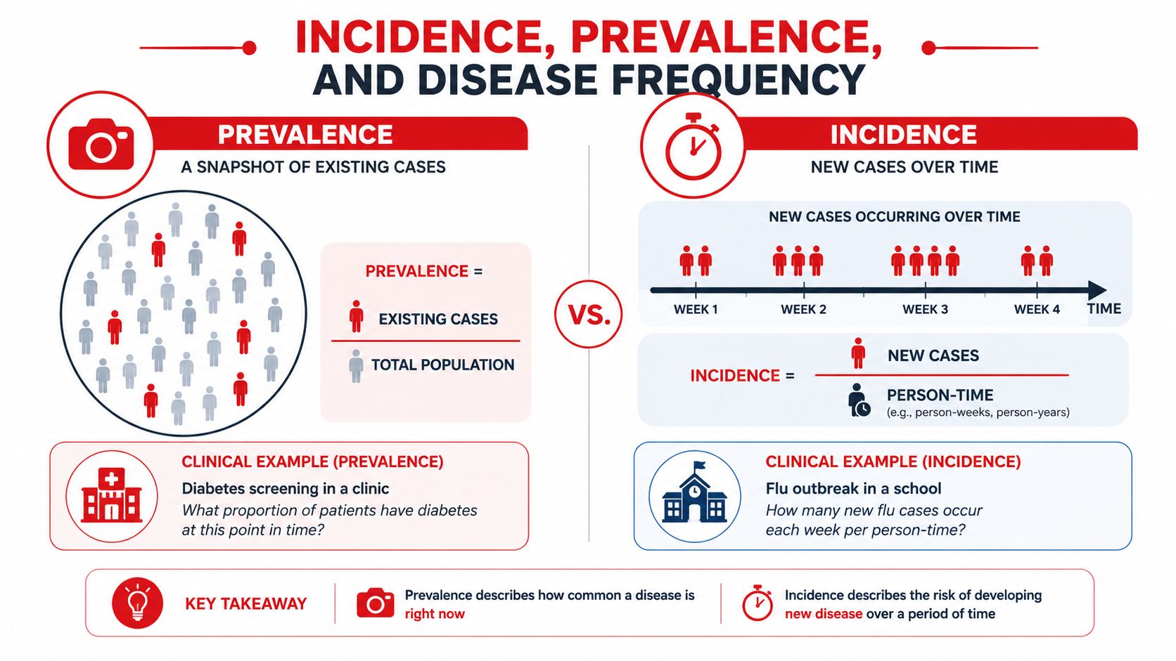 An infographic comparing prevalence and incidence to explain disease frequency in epidemiology with visual examples.