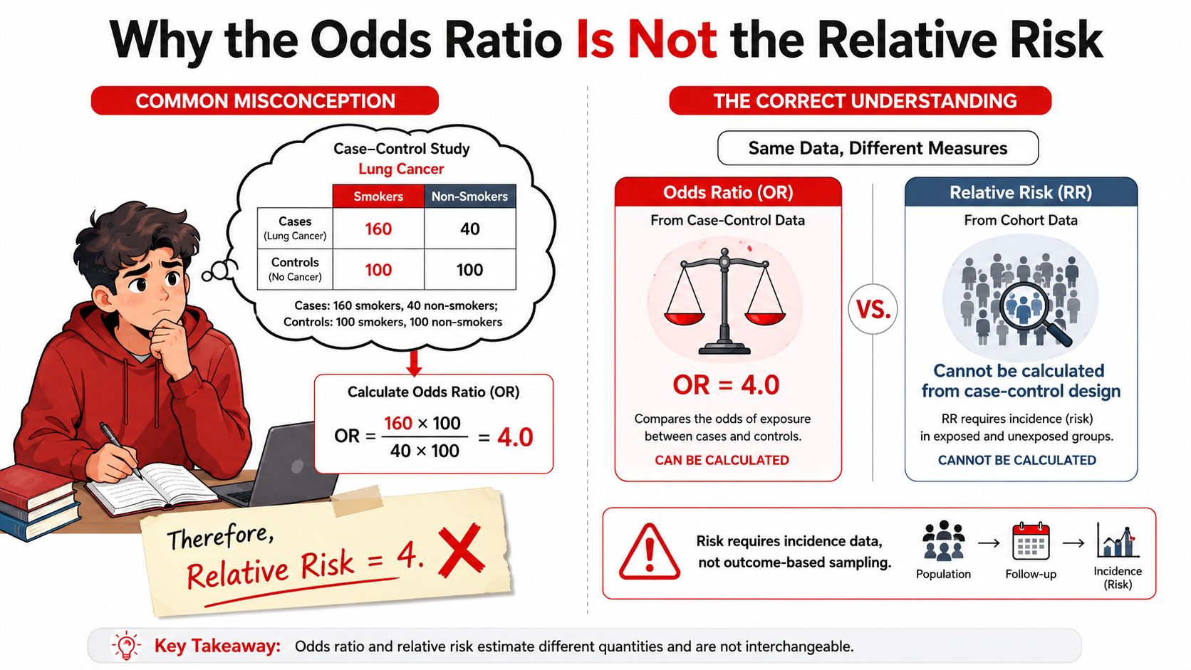 An infographic explaining why odds ratios and relative risk are different in epidemiological research studies.